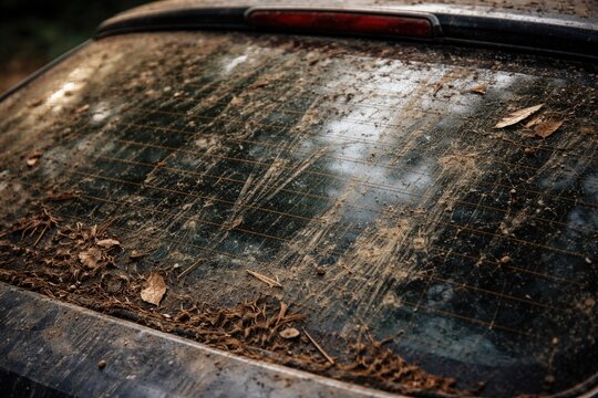 Close up of grime and debris layer on car back windshield
