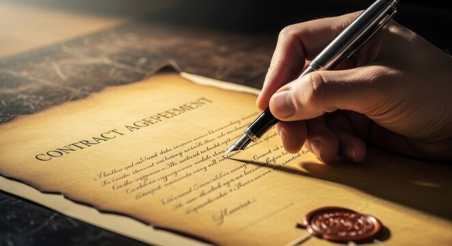 Hand signing a contract document with a pen