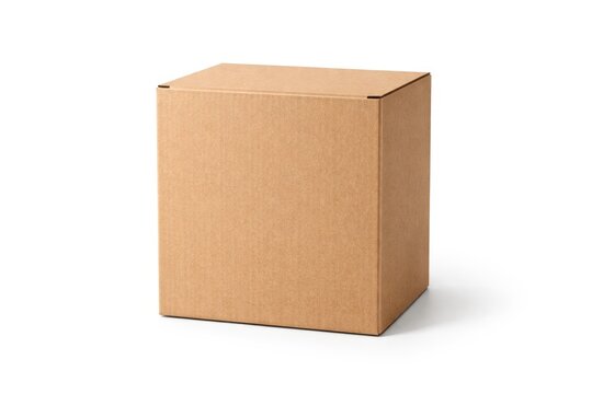 Isolated front perspective of a blank brown box packaging template on white surface