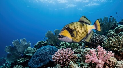Obraz premium Titan triggerfish swimming over a vibrant coral reef. Tropical marine life in clear blue ocean water