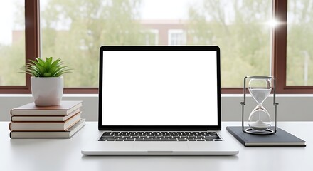 Fototapeta premium Laptop with Blank Screen on Desk with Books, Plant, and Hourglass by Window