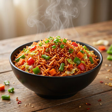 Vegetable Fried Rice Bowl Steaming Hot Indo Chinese Asian Cuisine