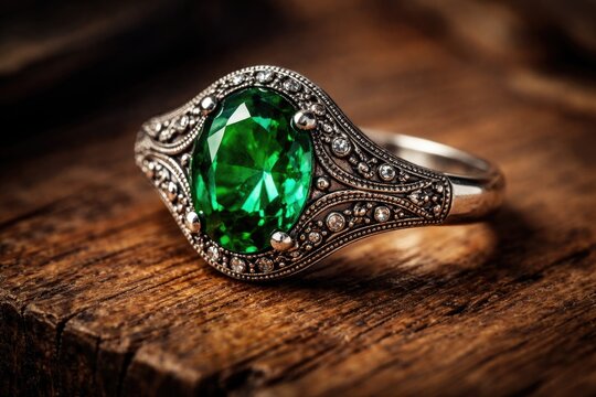 Fashion photography featuring a vintage silver ring with an eye catching green jewel on a wooden textured plane