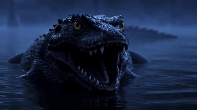 Fierce Crocodile Emerging From Dark Water With Open Jaws, Cinematic Wildlife