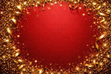 Naklejka premium Bright red textured background framed with golden confetti and copy space