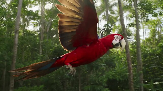 Red Macaw Parrot Flying Through Lush Green Jungle With Wings Spread