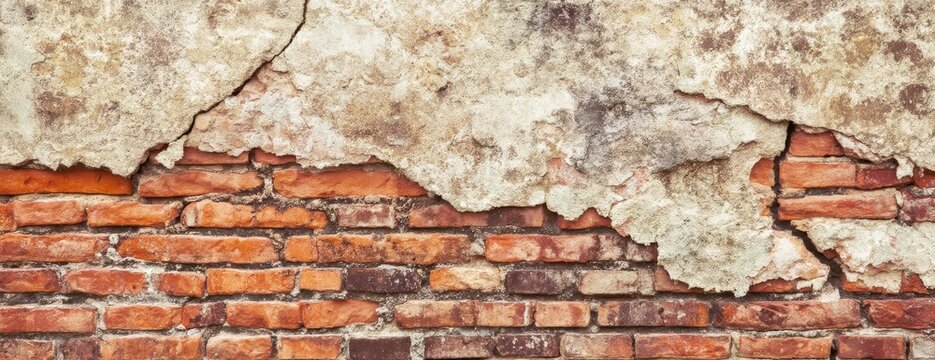 A weathered brick wall with peeling plaster revealing the red bricks underneath, showing signs of age and wear.