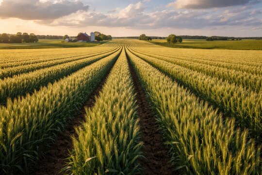 Agricultural landscape featuring orderly rows of thriving wheat plants under natural light