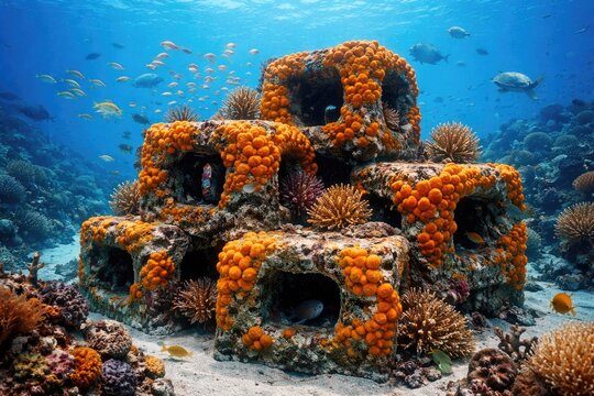 Concrete block reef covered in lively orange sponge with surrounding ocean life