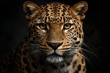 Obraz premium Wild leopard face detailed close up on moody black background