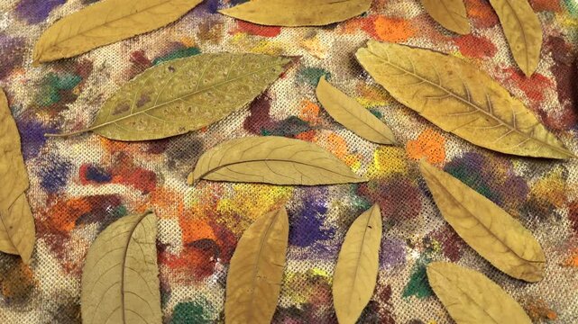 Flat dried arrangements. Dried pressed yellow leaves of almond tree lie on the beige burlap cloth with stains from gouache and acrylic paints, background, top view 