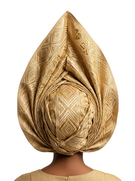 Back view of traditional gold Nigerian gele headtie