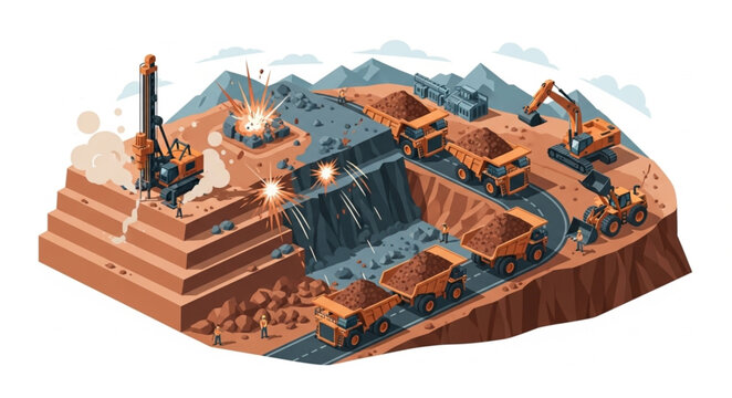 Open Pit Mine With Heavy Machinery And Trucks Working.