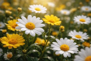 Obraz premium Close perspective of vibrant white and yellow garden flowers