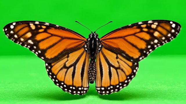 Monarch Butterfly Wings Open and Closed on Green Screen.