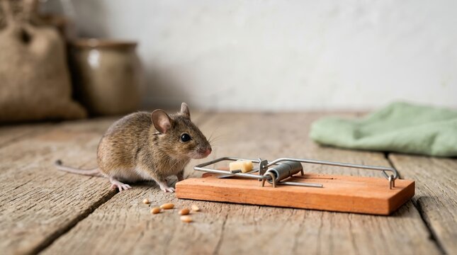 Small brown mouse approaching a wooden snap trap with cheese bait. Rodent pest control and danger concept