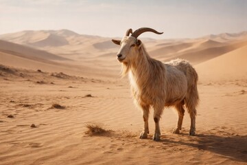 Obraz premium Goat standing quietly amid vast empty sandy desert environment