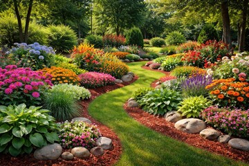 Obraz premium Beautiful summer garden full length view with thriving flower beds, red mulch, and mixed greenery with decorative rocks