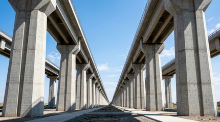 Naklejka premium Modern architectural design of elevated concrete bridge with symmetrical columns under blue sky