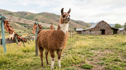 Obraz premium Brown and white llama standing by a decorated wooden fence on a farm. Festive rural setting with garland and string lights. Rustic countryside landscape with a barn