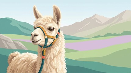 Obraz premium Vector illustration of a white llama wearing a colorful halter. Stylized mountain landscape background with rolling hills. Digital graphic art portrait of an alpaca