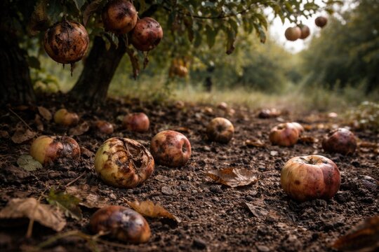 Fallen bruised fruit on soil beneath trees with damaged hanging fruit