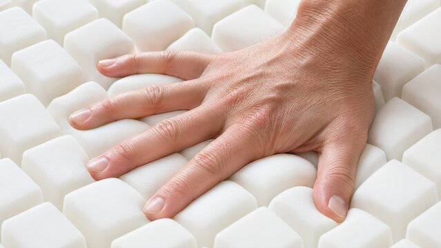 Caucasian male hand pressing into soft white foam grid cubes demonstrates pressure relieving orthopedic support for medical mattress and pillow technology
