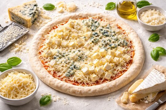 Fresh raw dough pizza base with four cheeses arranged on white background