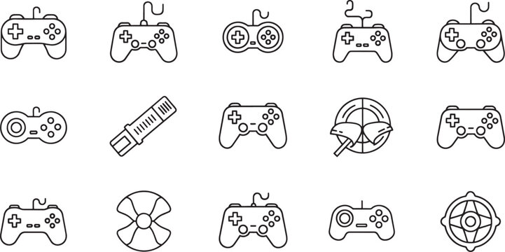 Collection of black outline game controllers and gaming joystick gamepad console