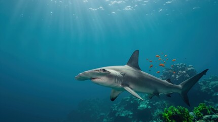 Obraz premium Hammerhead shark swimming in blue ocean water with small orange fish. Underwater marine life with coral reef and sunbeams. Predatory shark in its natural habitat