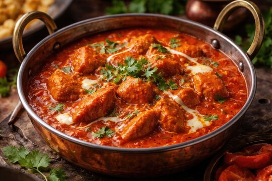 Authentic butter chicken curry in a balti pot showing vibrant red tomato gravy