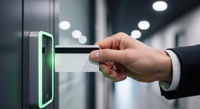 Hand swipes modern key card for access control