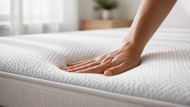 Person hand pressing orthopedic memory foam mattress demonstrates pressure relief support and comfort of white textured premium bedding material