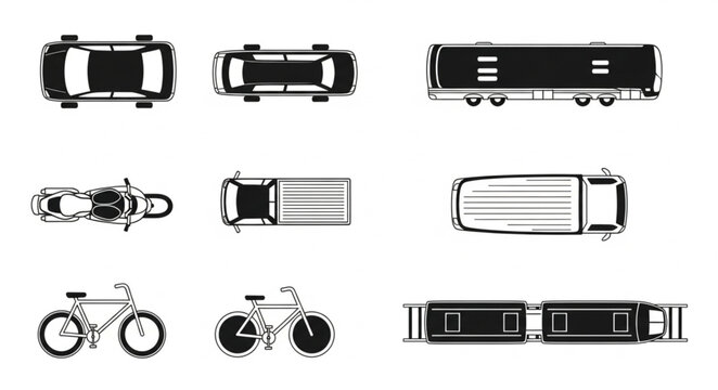 Collection of various vehicles seen from a top down perspective.