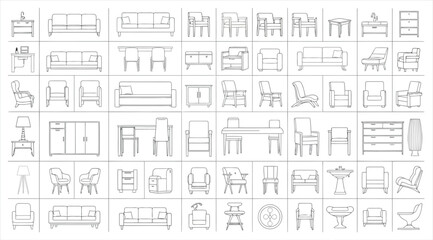 Obraz premium Set of various furniture items including sofas, chairs, tables, and cabinets in line art style