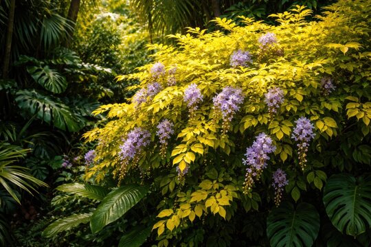 Dense tropical foliage backdrop with Duranta repens shrub exhibiting rich golden leaves and light purple flowers