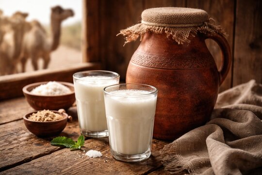 Fresh Shubat drink prepared from camel milk showcased on a timber backdrop