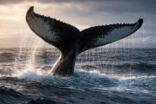 Humpback whale tail fluke waving in cold ocean waters during breeding migration