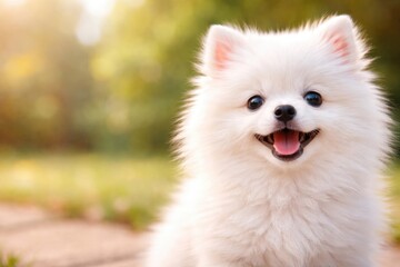 Obraz premium Charming white Pomeranian puppy grinning cheerfully with space for text