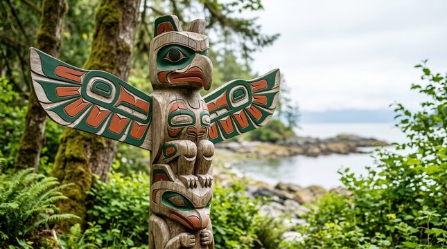 Traditional wooden totem pole with eagle carving in a coastal forest. Indigenous art and heritage monument by the ocean. Pacific Northwest culture and nature