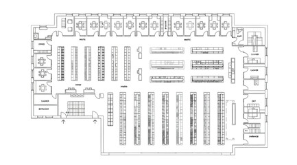 Architectural floor plan of a large commercial retail store or library with shelving units and checkout counters © Siam