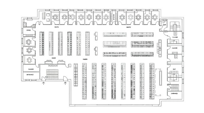 Architectural floor plan of a large commercial retail store or library with shelving units and checkout counters