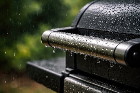 Grill handle covered in fresh raindrops dripping with room for text