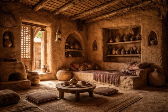 Historic mud house interior featuring traditional architectural style