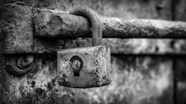 Rustic padlock on a weathered metal surface in black and white photography