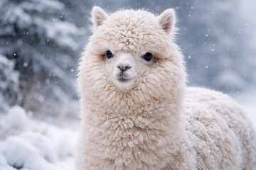 Fototapeta premium Dismal alpaca displaying fluffy wool in frosty snowy climate