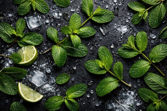 Black table featuring scattered mint leaves and menthol elements captured from top
