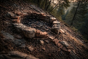 Fototapeta premium Dilapidated stone and brick fire pit breaking down on steep rocky slope