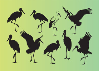 Fototapeta premium Collection of stylized stork silhouettes in various poses and movements isolated illustration