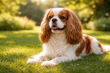 Fototapeta premium content Cavalier King Charles pet sitting calmly on fresh green grass lawn summer scene